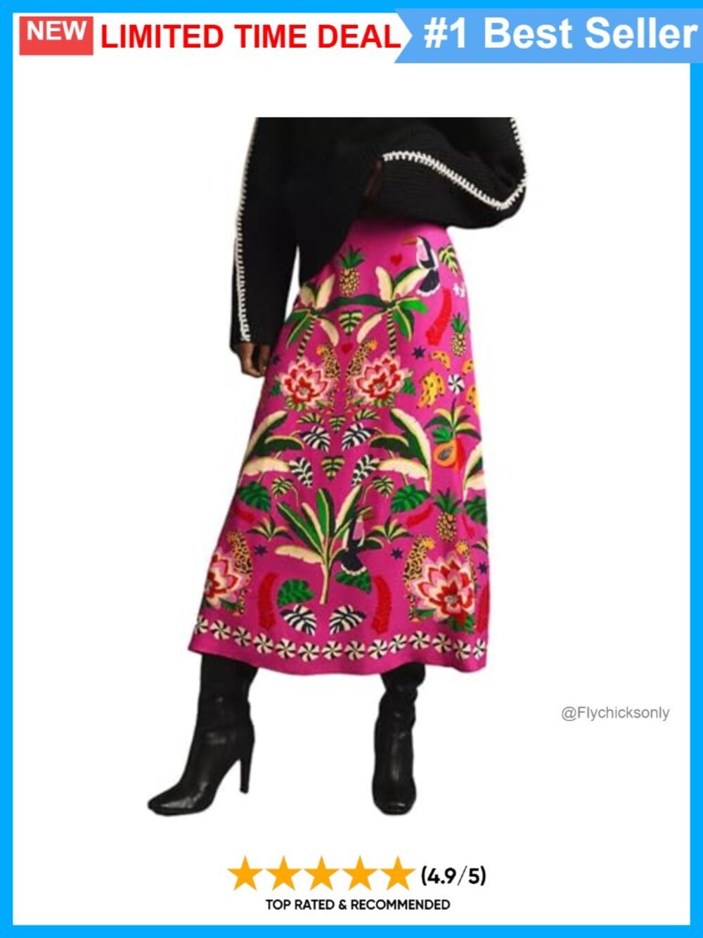 Tropical Print A-Line Midi Skirt with Elastic Waist and Zipper